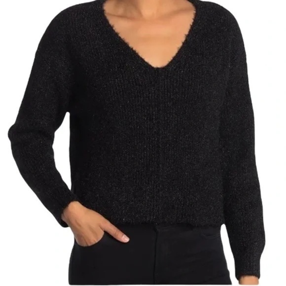 Nordstrom Abound Sparkle Shimmer V-Neck Fuzzy Cozy Black Sweater Large NEW - Picture 1 of 5